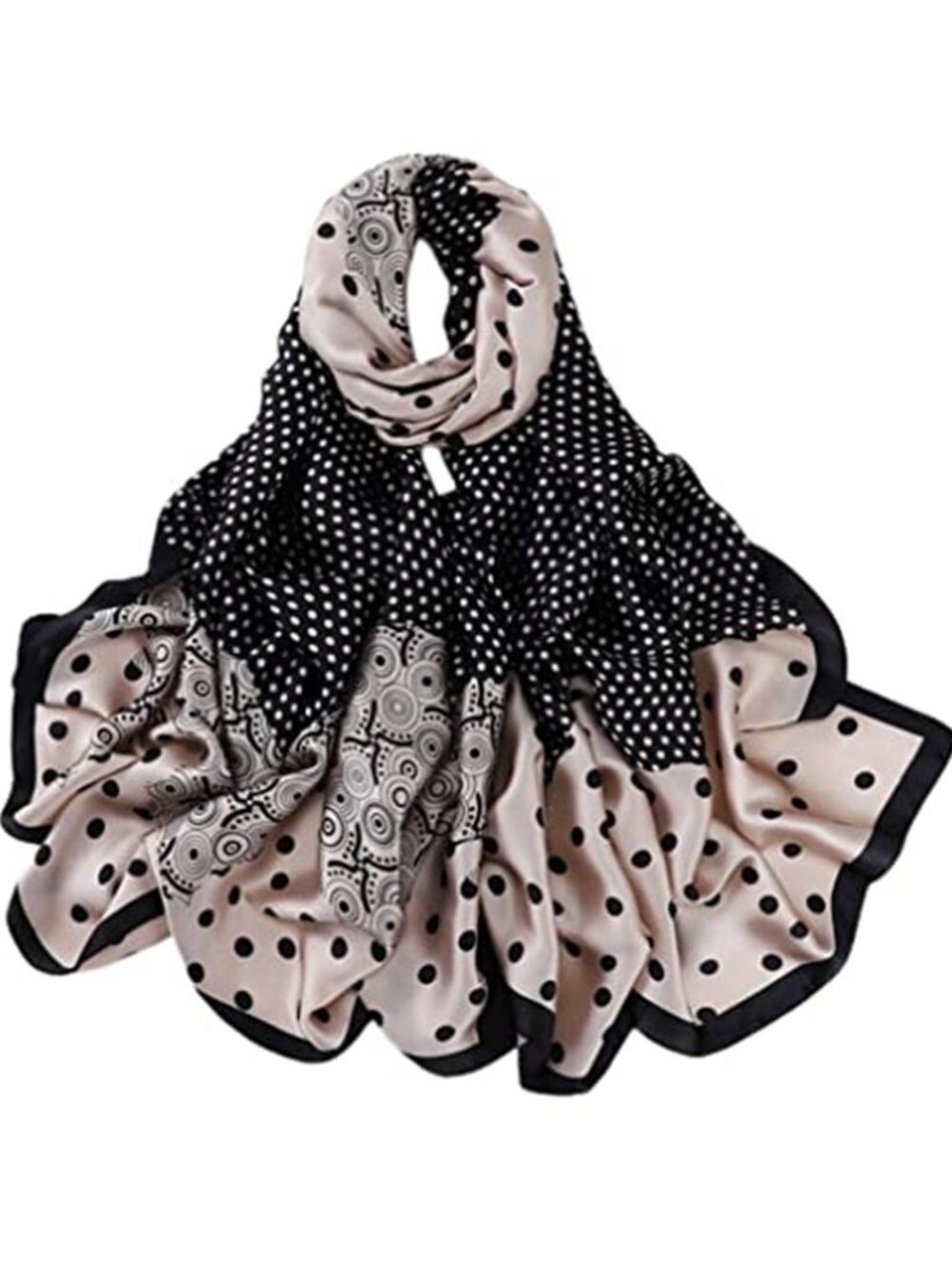 Black Beige Polka Dot 70" Satin Scarf Long Shawl Wrap Silk Like